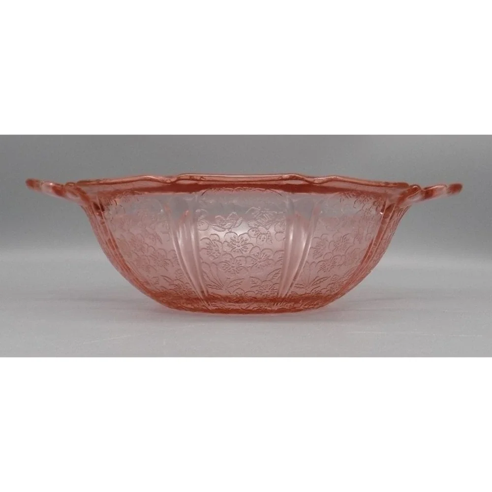 Jeannette Pink Cherry Blossom Depression Glass Handled Bowl Floral Patterns 1930